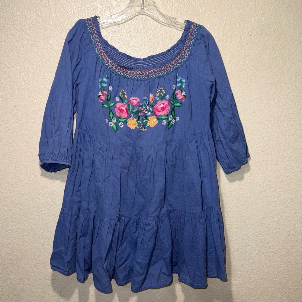 Umgee Babydoll Tunic Mini Dress Women’s M Blue Floral Embroidered Boho